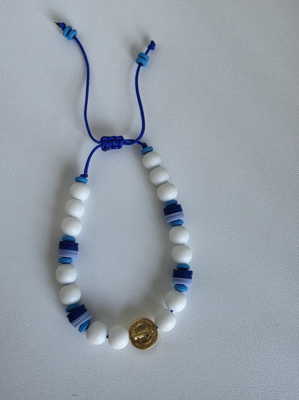 Handmade Adjustable San Benito Bracelet Blue White Beaded Unisex Catholic